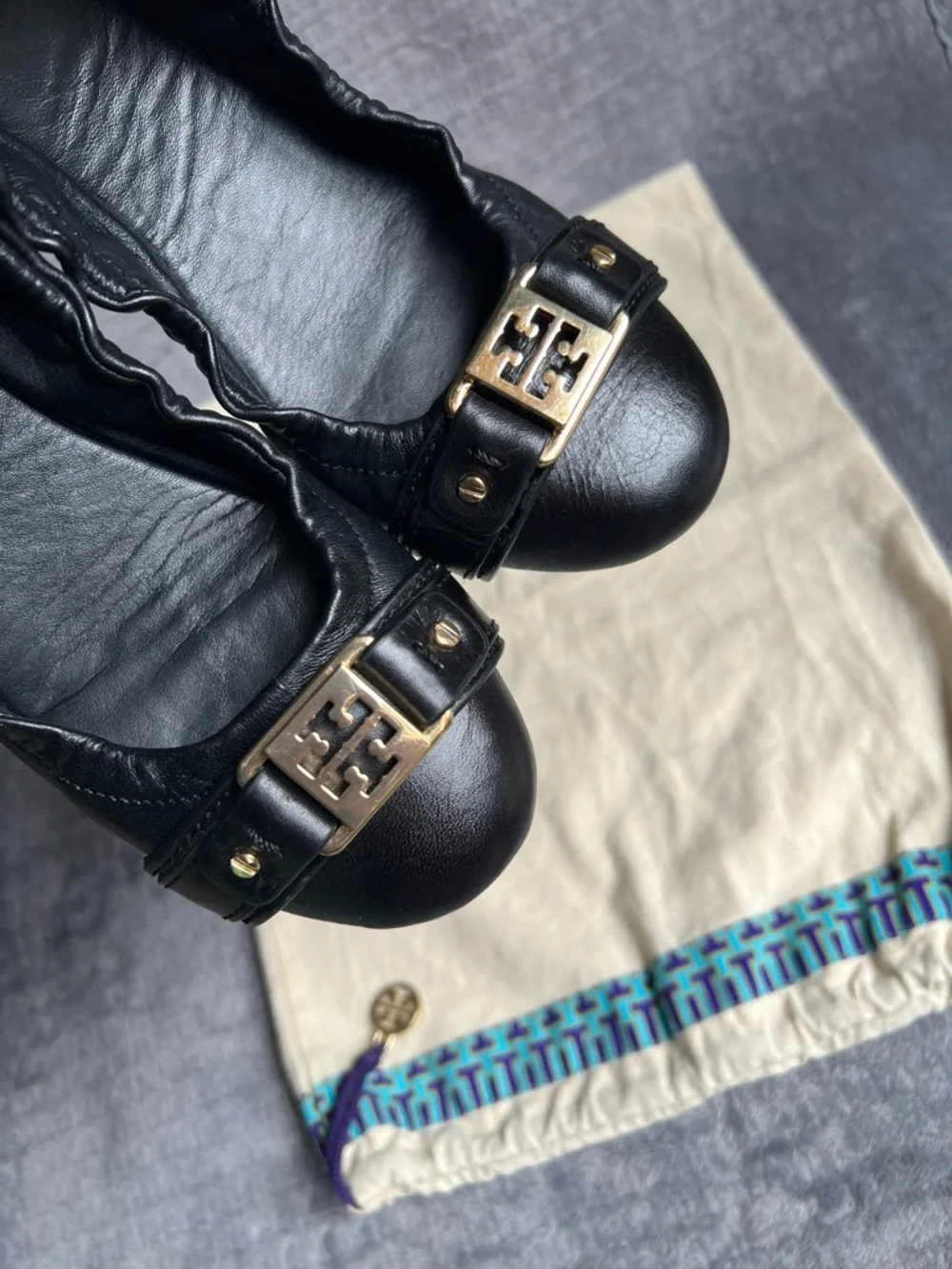 Tory Burch Shoes Sz 7 M Ambrose Ballet Flat Leather Black Gold Logo Slip On